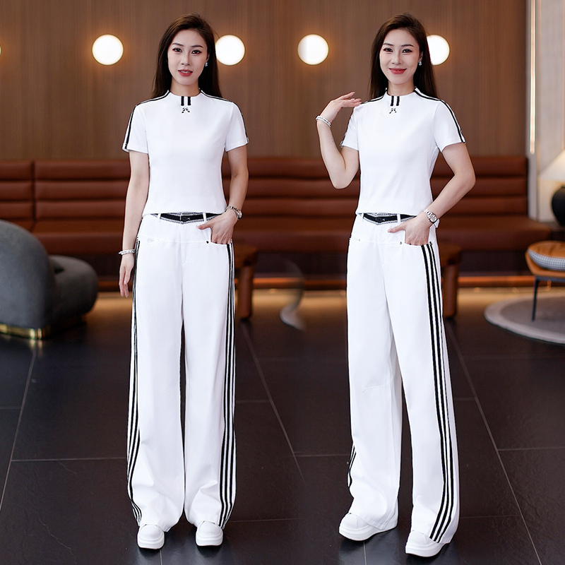 White Sports Casual Suit for Women, Summer 2026 New Style, Lazy Style, Thin Half-High Collar, Long Pants, Pure Cotton Two-Piece Set White Sports Casual Suit for Women, Summer 2026 New Style, Lazy Style, Thin Half-High Collar, Long Pants, Pure Cotton Two-Piece Set
