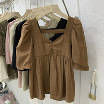 French first love sweet puff sleeve square collar chiffon shirt womens short-sleeved foreign style high-end beautiful small shirt top niche summer