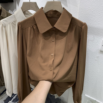 2022 autumn new small shirt top womens design sense niche cotton long-sleeved loose retro Hong Kong style chiffon shirt