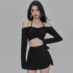 Shuhui Kiko Thai niche design black split swimsuit long-sleeved sun protection swimsuit hot spring resort swimsuit