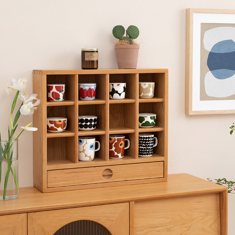 Japanese cup storage rack Solid wood plaid Cherry wood desktop net red wind display grid coffee cup teacup rack