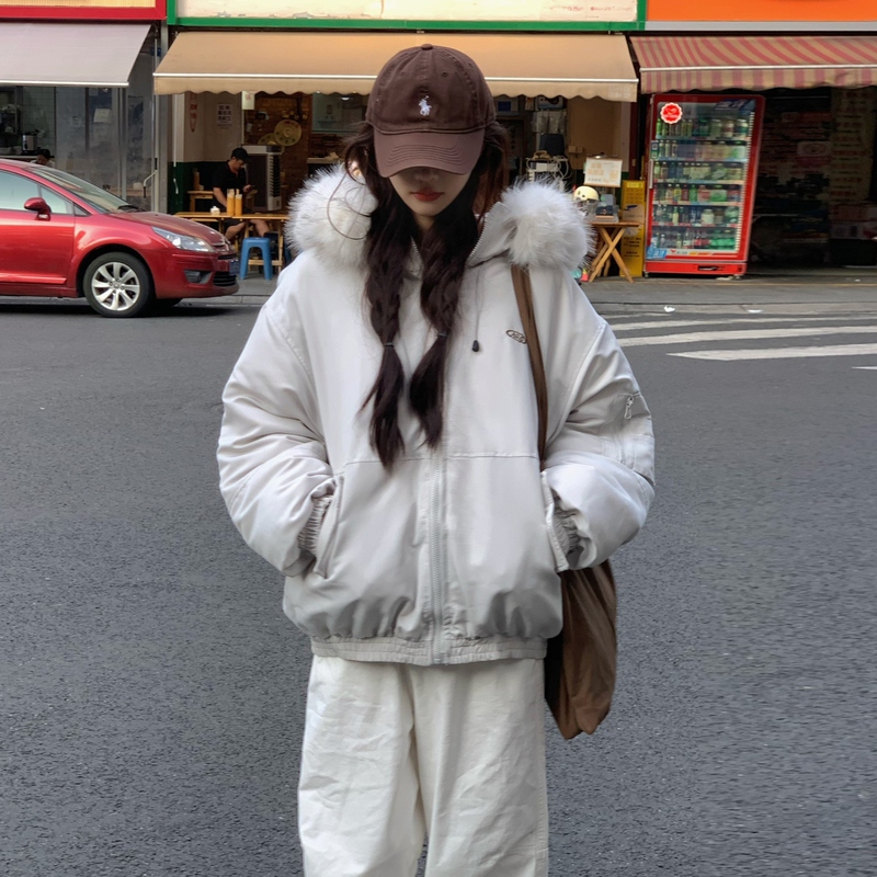 American-Style Cotton Jacket for Women, Workwear Style Parka, Korean-Style Large Fur Collar, Warm Cotton Coat, 2025 Winter Cotton Clothing, Student Jacket