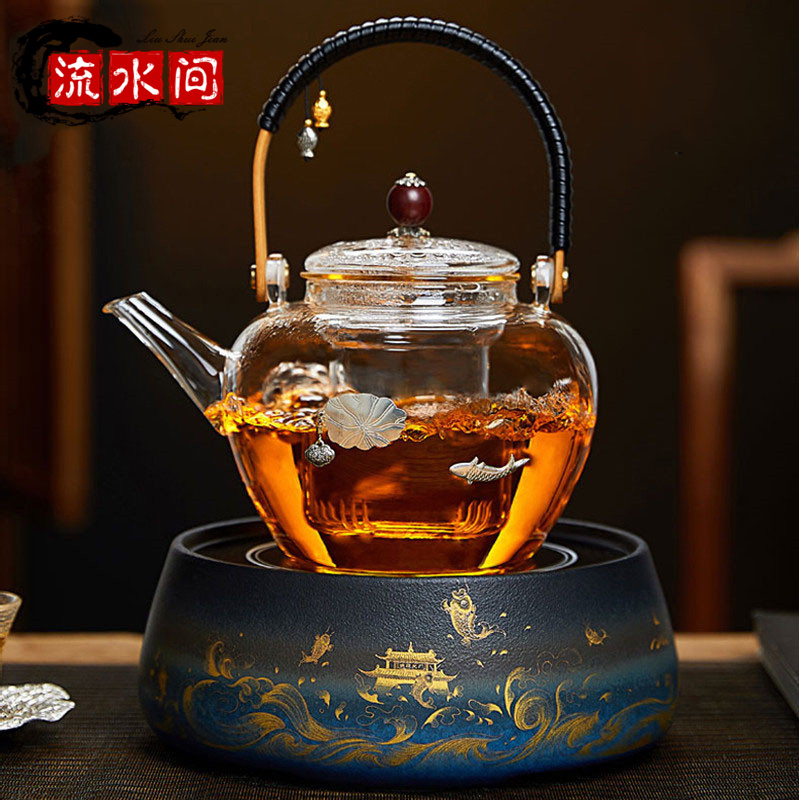 Glass teapot pure handmade silver inlaid steam tea maker home black tea white tea electric ceramic stove set high-end gift