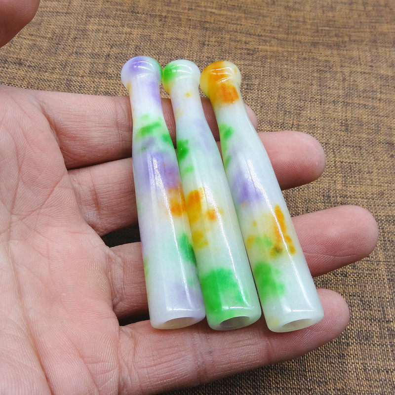 Antique miscellaneous antique old jade cigarette holder cigarette holder ice glutinous species floating sun green three-color jade cigarette holder jade cigarette holder