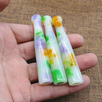  Antique miscellaneous antique old emerald cigarette holder Cigarette holder Ice waxy species floating sun green three-color emerald cigarette holder Jade cigarette holder