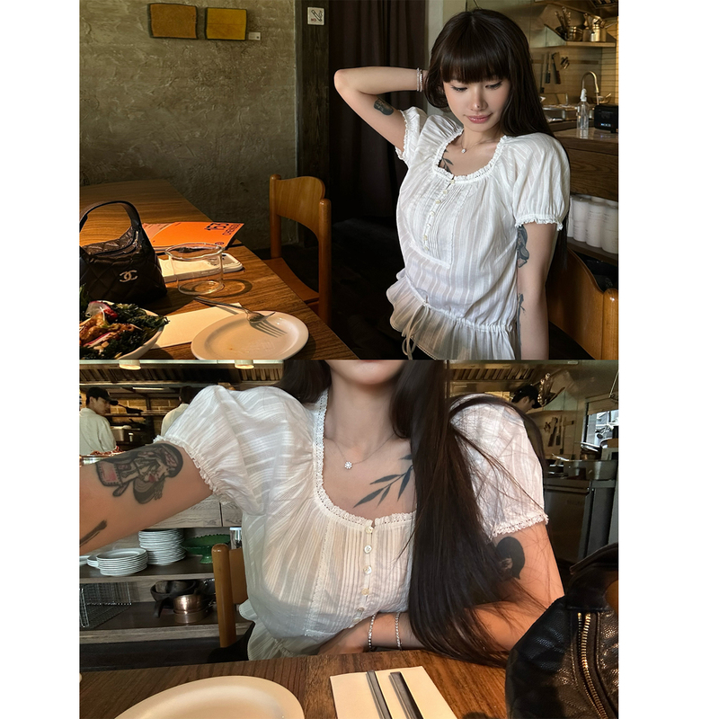 Nosemad E Lace Splicing White Drawstring Waist French Shirt with Puff Sleeves, Short-Sleeved Shirt, Lightweight and Breathable