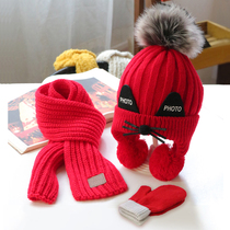 Autumn and winter baby hat scarf set Children Baby men and women plus velvet thick warm cute ear protection wool knitted hat