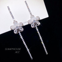 Japanese and Korean temperament flowers long tassel earrings female zircon full diamond Super flash crystal earring jewelry Joker Silver Needle