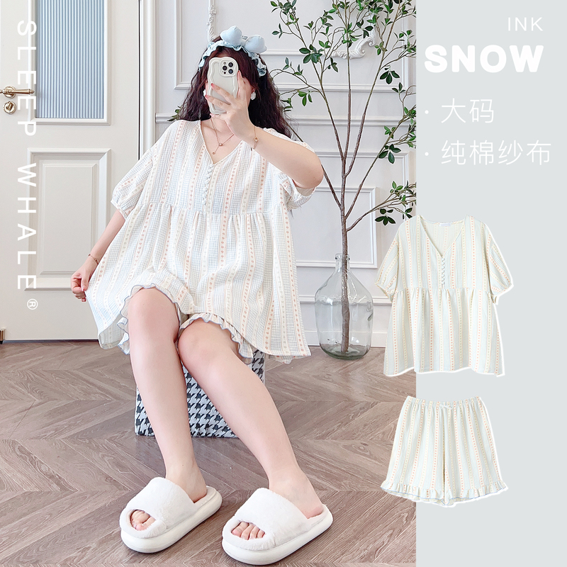 Belly-Covering, Fresh, Artistic, Ladylike, Plus-Size Crepe Pajamas, Summer Sweet V-Neck, Short-Sleeved Shorts Loungewear for Chubby Girls 100kg
