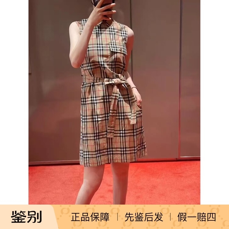Burberry Women's Classic Plaid Dress with Belt, Sleeveless, Comfortable, European and American Style, Casual, Daily Commute