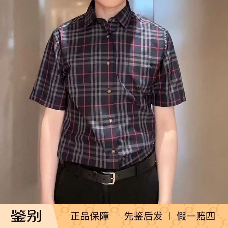 Burberry Men's Shirt with Plaid Collar, Blue and Red Short-Sleeve Shirt, Small Check Pattern, Pure Cotton, European and American Style, Everyday Wear