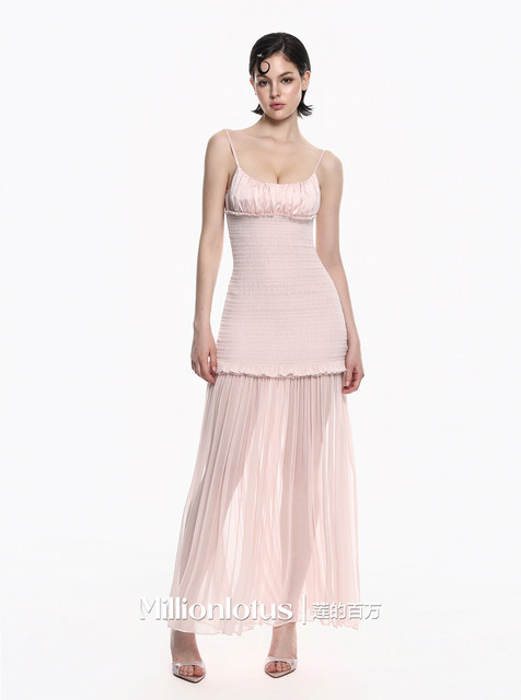 Lotus's Million Light Pink Waist Slim Shoulder Pleated Suspender Long Skirt Pure Desire Hot Girl Dress