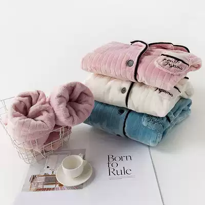 Pajamas women's autumn and winter fashion sweet loose flannel warm casual couple long sleeve trousers two-piece home wear