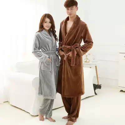 Japanese robes couple set flannel winter padded long sleeve trousers coral velvet pajamas men loose home clothes