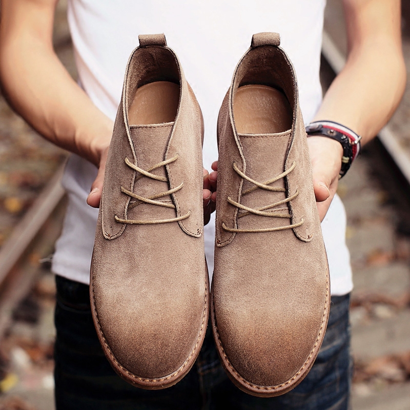 Men's Winter High-Top Leather Shoes, Flat-Soled Solid-Soled Martin Shoes, British Style Retro Short Boots, Cow Suede Desert Shoes