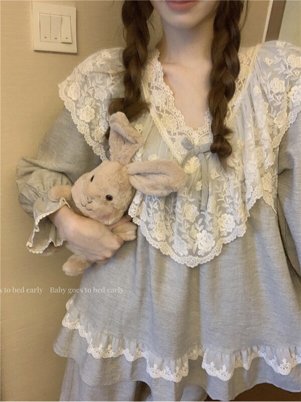 Japanese-Style Gp Lace Court-Style Sleepwear for Women, Spring and Autumn, Pure Cotton and Linen, Long-Sleeved, Loose, Cute, Princess-Style Nightgown