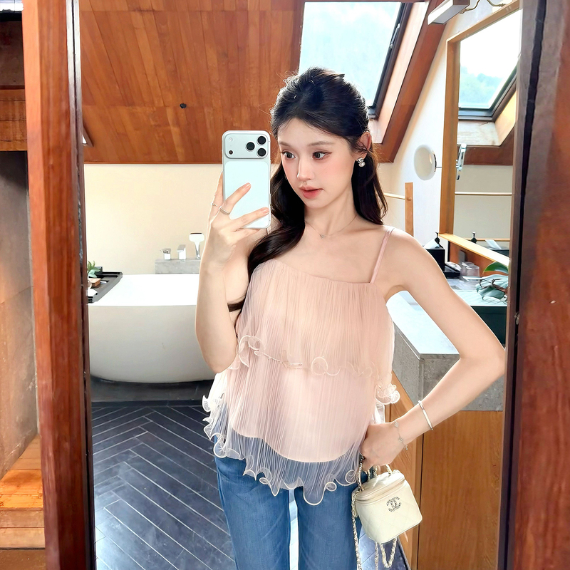 Xia Xi Mo【Peach Blossom Blouse】Pink Camisole Top for Women, Summer Outerwear, Korean Style, Unique and Beautiful Design