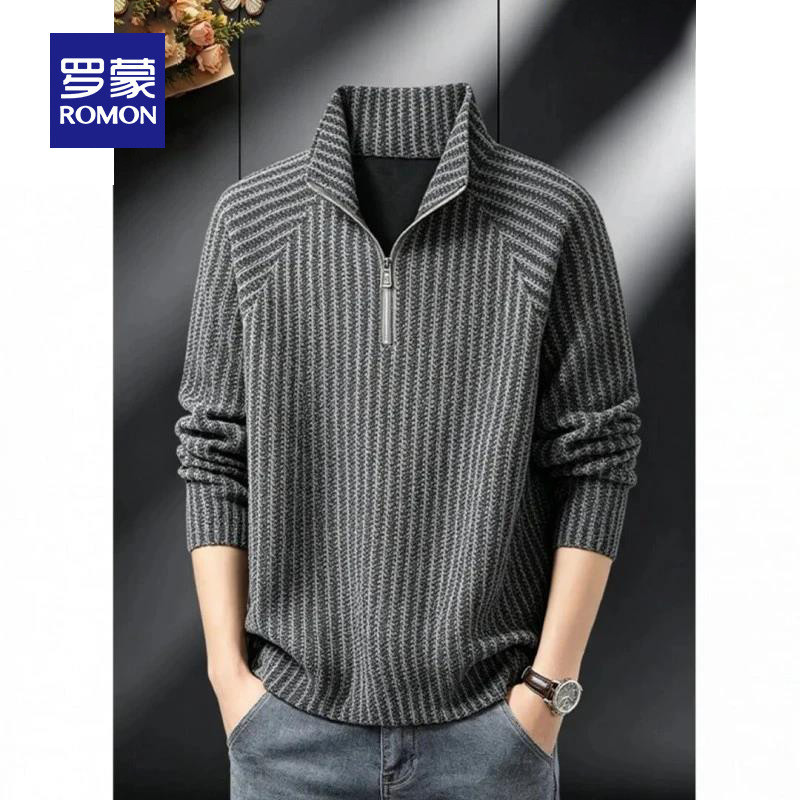 Romon Chanel-Style Herringbone Half-Zip Crewneck Sweatshirt for Men, Autumn High-Neck Old Money Style Long-Sleeve Pullover
