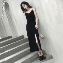 Summer new sexy V-neck suspender small black skirt waist thin split long skirt inner tie bottoming dress trend