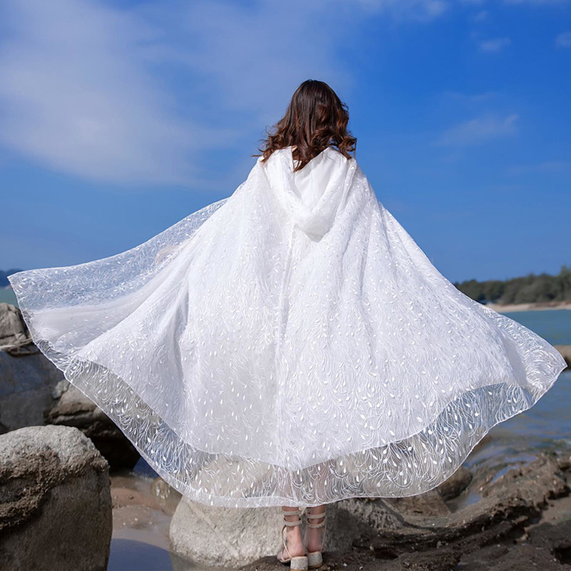 New fairy Air white shawl Cape hooded holiday sunscreen clothes loose lace long cardigan embroidery women