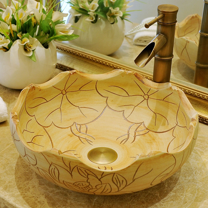 Chinese retro wash basin powder room art table bonsai Dezhen ceramic countertop basin lotus leaf basin petal washbasin