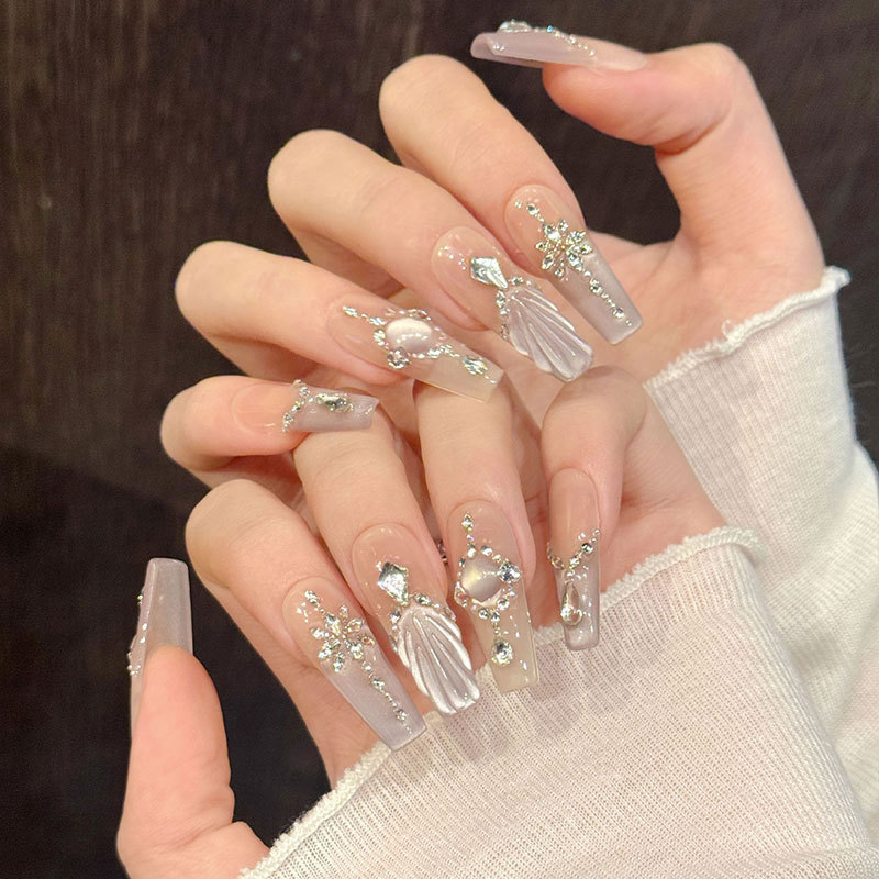 [Uncharted] French-Style Fishtail Wearable Nails with Sparkling Diamonds, Transparent Nail Patches, Removable, Brightening Nail Art