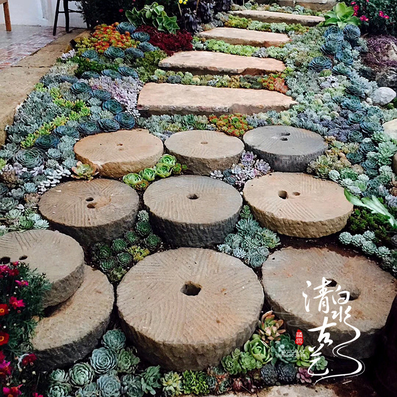 Qingquan ancient art round stone grinding decorative flowing water viewing ornaments courtyard stone foot pads old stone decoration
