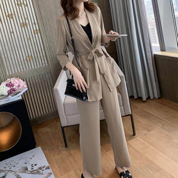 Large size suit 2023 spring and autumn mid-length suit jacket + wide-leg pants long pants casual slim two-piece set for women