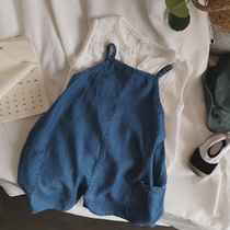 Cavity transferred to burst smooth and thin ice silk fabric Korean boy girl girl cowboy harness conjoined pants denim shorts