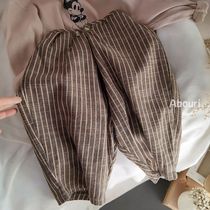 Accent Korean childrens vintage cotton linen 8-9 carrot pants loose belly waist striped PP pants 2021 Spring