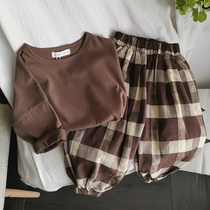 Soft cotton foreign style ~ self-retention recommended Korean boys and girls retro plaid loose bloomers ankle-length pants 2021 summer