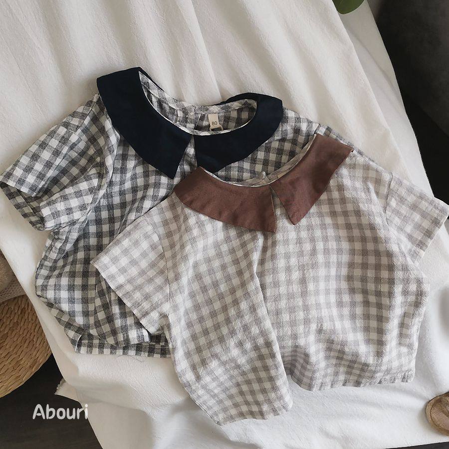 Son Ensemble Retro Art Van Men And Women Children Plaid Cotton Numb collar shirt 2022 Summer short sleeve T-shirt