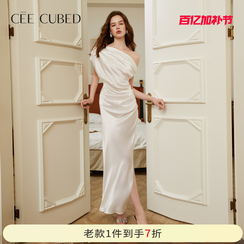 Feng Lin's Same Style Cee Cubed Off-White Slim-Fit Acetate Asymmetrical Off-Shoulder Sleeveless Waist-Cinching Dress for Women, New Model