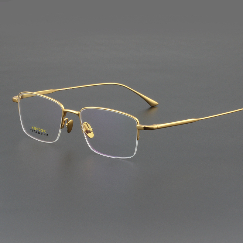 Japanese Pure Titanium Half-Rim Eyeglass Frame, Men's Business Ultra-Light Prescription Eyeglass Frame, Anti-Blue Light, Photochromic, 24K Gold