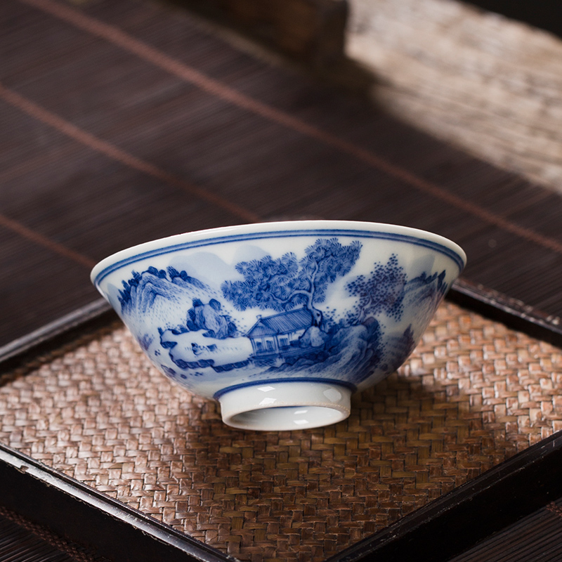 Owl up jingdezhen blue and white landscape cup drawing hat to maintain tea cup kongfu master cup single CPU