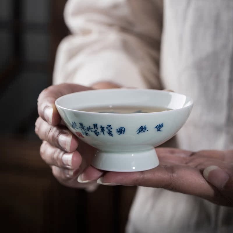 The Owl up jingdezhen hand sample tea cup tea kongfu master cup draw blue youligong footed cup double you