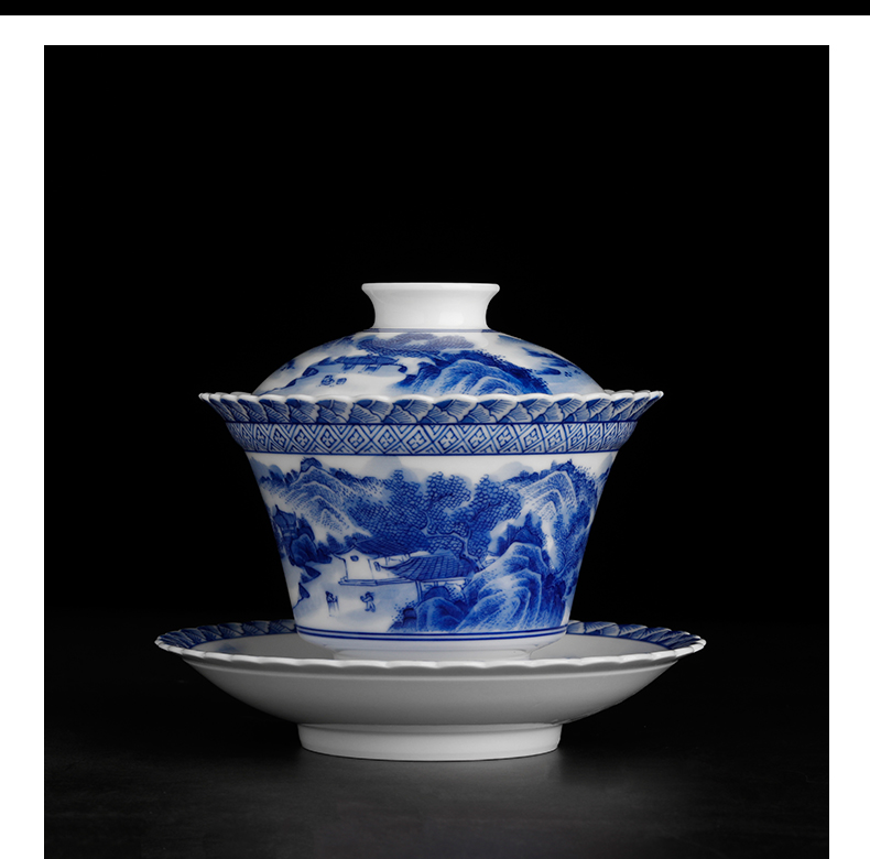 Jingdezhen ceramic tureen hand - made scenery always kung fu tea set manual blue three cups to bowl to bowl