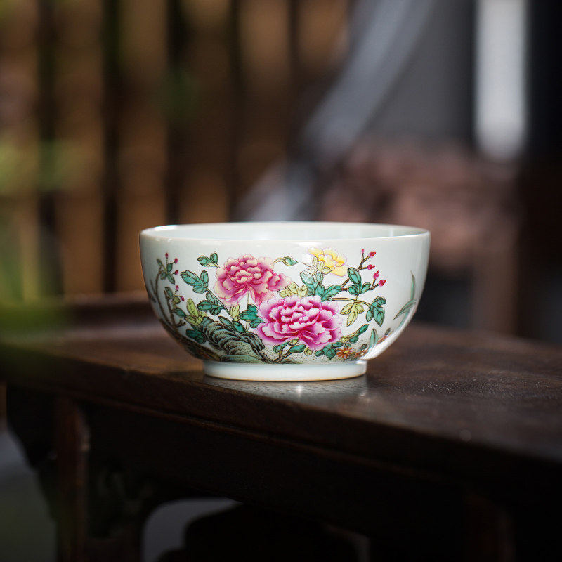 Lord kilns Jingdezhen handmade hand-painted imitation ancient ceramic powder Painted Peony owner tea cup Gongfu Tea with single cup