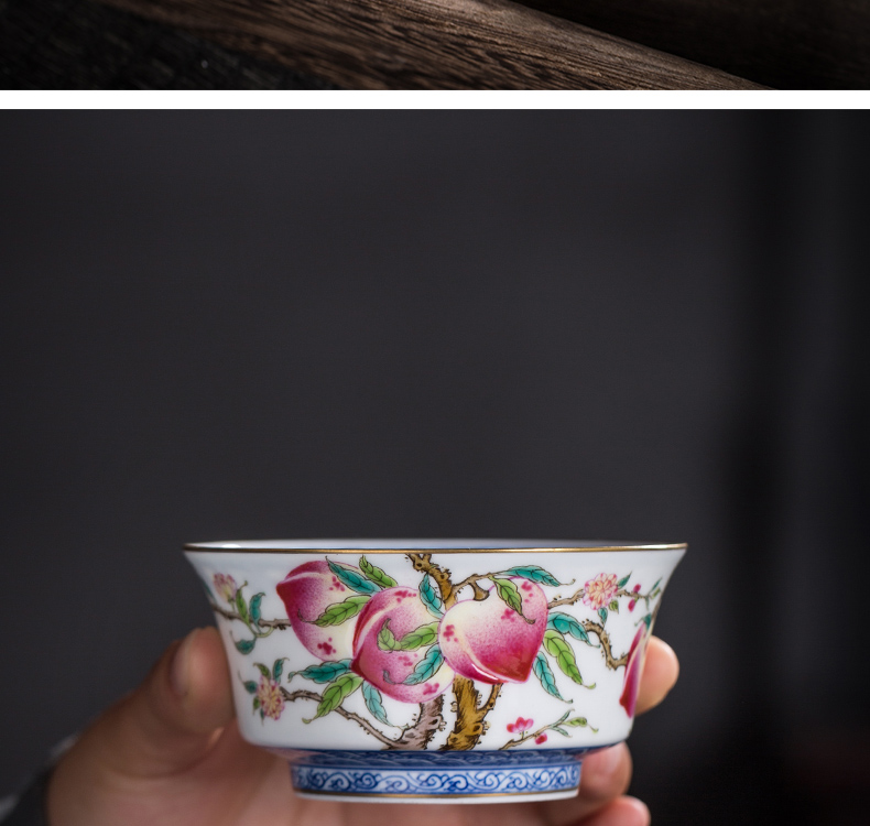 The Owl up jingdezhen blue and white painting of colored enamel peach tea service manual sample tea cup kunfu tea cups masters cup