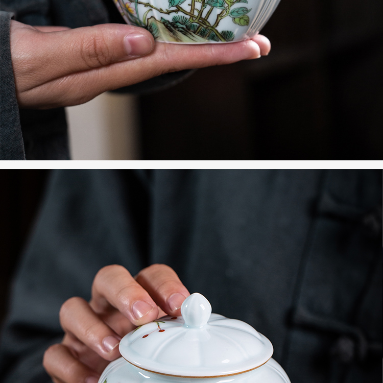 The Owl up with jingdezhen ceramic tea tea pot of green glaze painting of flowers and enamel jar sealed as cans small exquisite hand - made