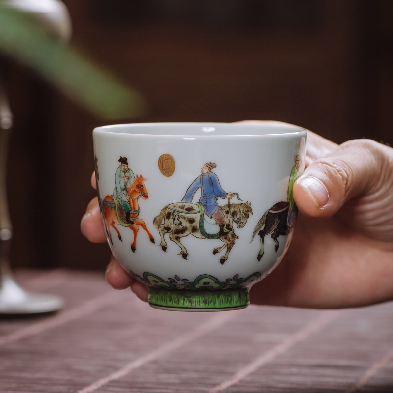 Owl up with jingdezhen ceramic tea set hand - made teacup archaize color kongfu master cup single cup classic characters