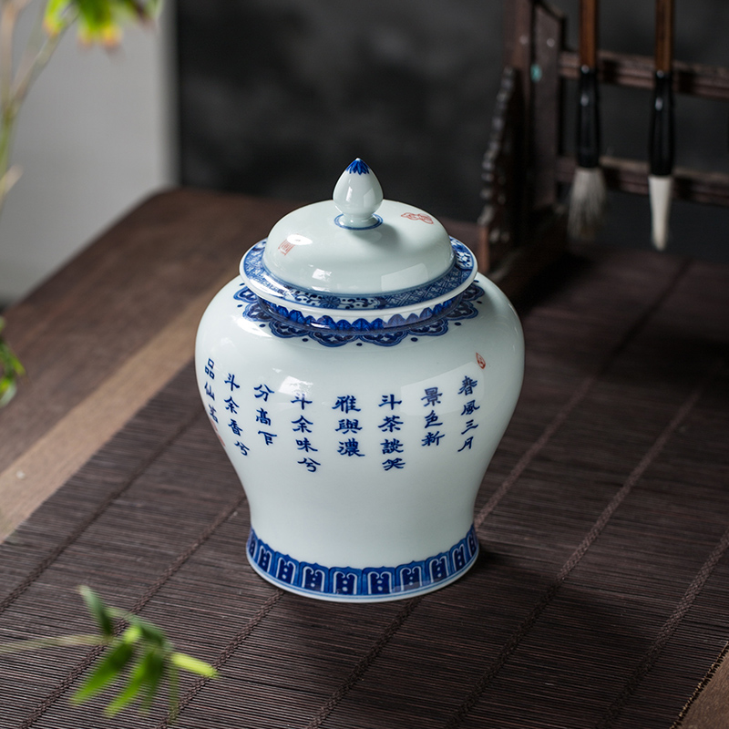 General owl up jingdezhen blue and white color bucket high - grade tea pot archaize furnishing articles all checking ceramic large - sized caddy fixings