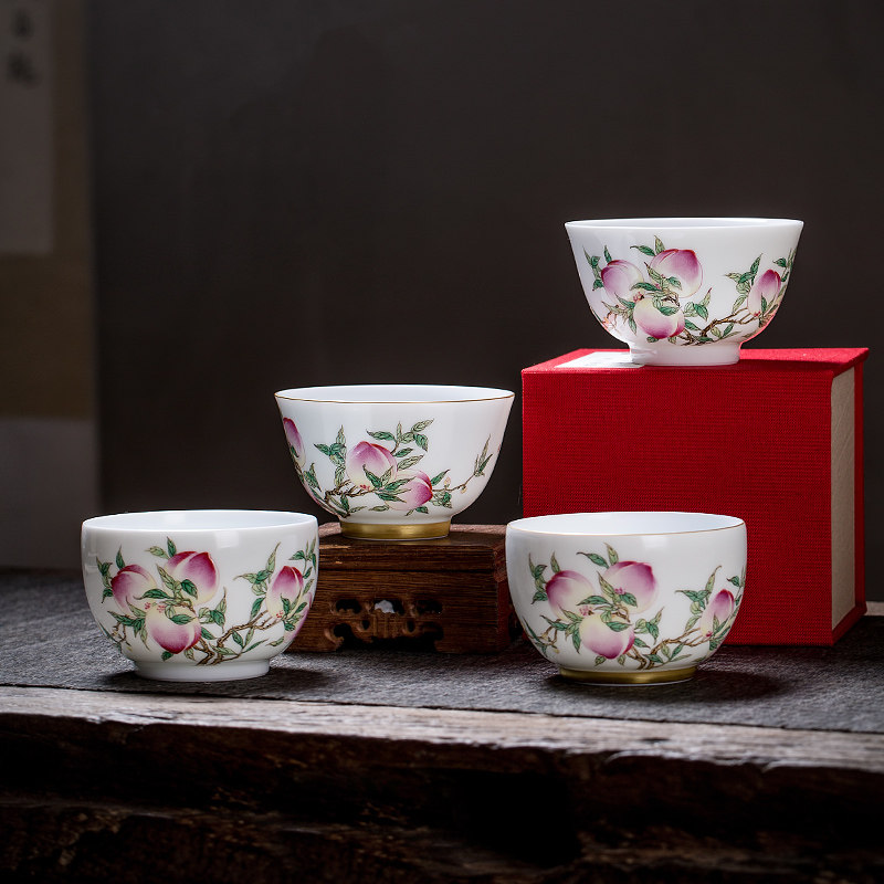 Xiaoyao Jingdezhen tea set enamel color longevity peach tea cup single cup master cup ceramic kung fu tea cup tea tasting cup