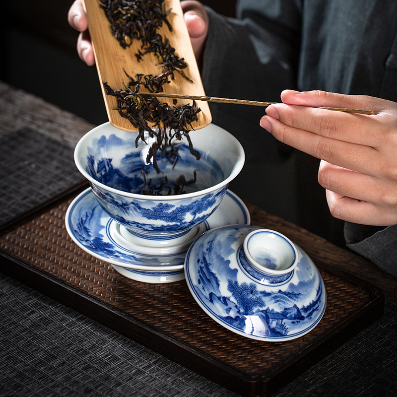 The Owl up jingdezhen blue and white landscape painting of ceramic tea set maintain burned hand tureen tea bowl cups of tea