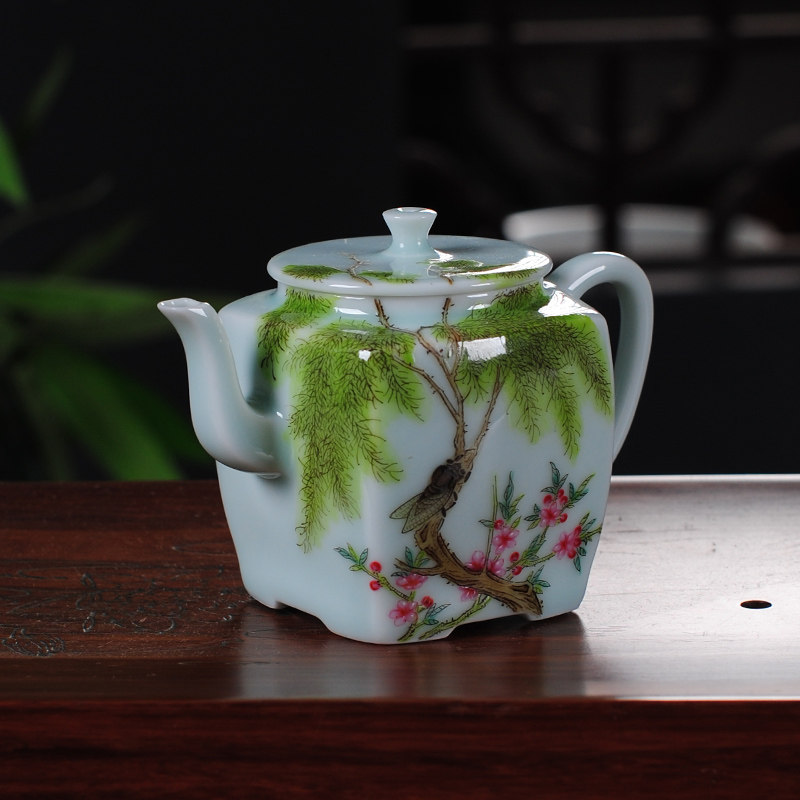 Xiaoyao Jingdezhen tea set ceramic kung fu tea teapot green glaze antique square pot teaware enamel color jade mud