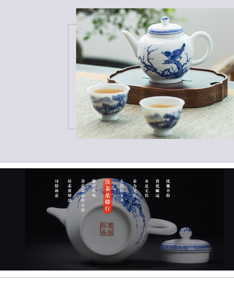 Owl up jingdezhen blue and white porcelain tea sets hand - made teapot from large teapot single pot of pay-per-tweet flowers lines