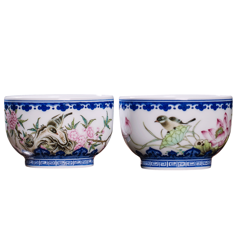 Owl up jingdezhen blue and white master all hand tea cup cup lotus peach colored enamel painting of flowers and birds to the CPU