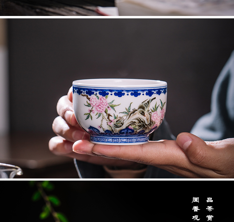 Owl up jingdezhen blue and white master all hand tea cup cup lotus peach colored enamel painting of flowers and birds to the CPU