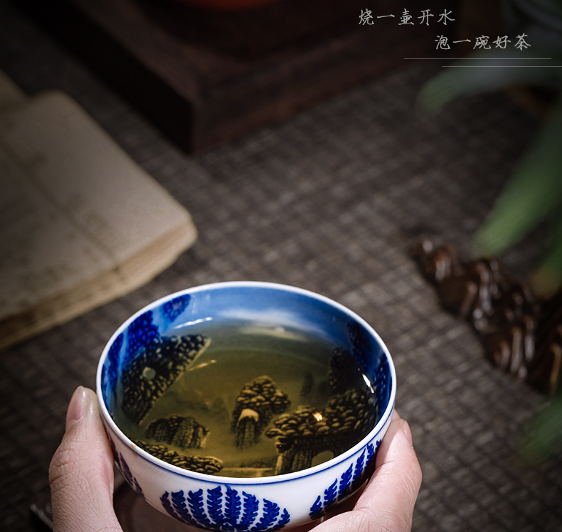 The Owl up jingdezhen hand - made of blue and white porcelain tea set painting of landscape master cup cup sample tea cup single cup tea cup