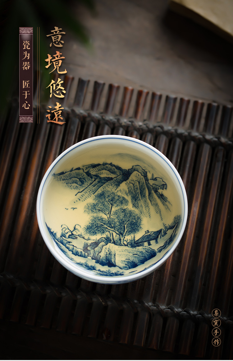 Blue and white landscape painting of jingdezhen ceramics single CPU hand - made personal master kung fu tea cup tea cup